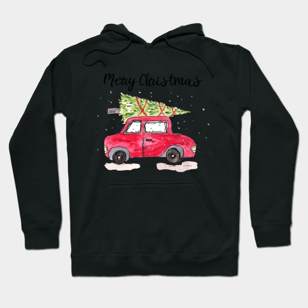 Watercolor Christmas Car with Tree Hoodie by Harpleydesign